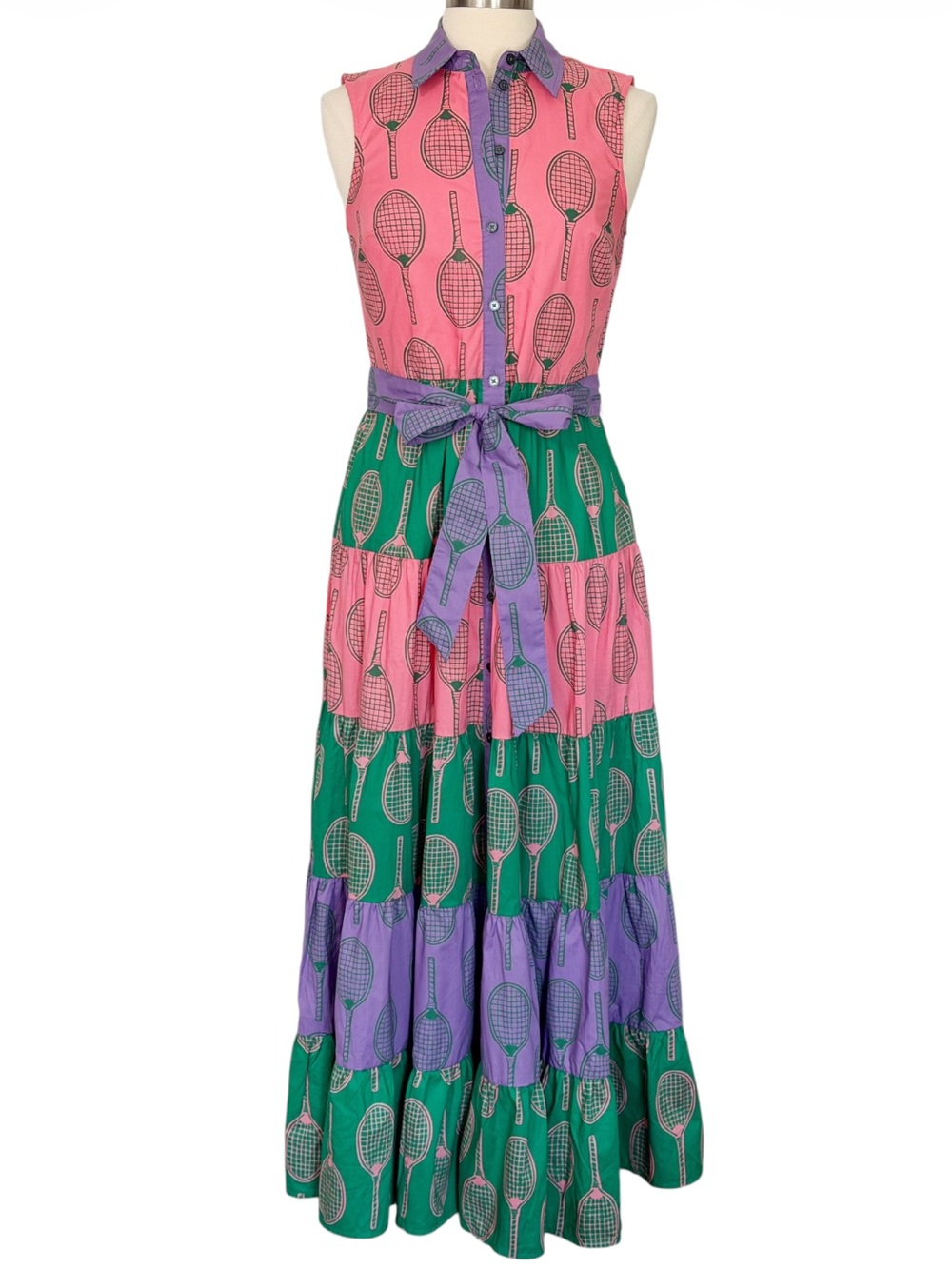 Boden Multi Tiered Shirt Maxi Dress Tennis Print Size US 4 - Picture 2 of 12